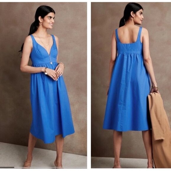 Banana Republic Factory Blue Midi Dress | NWT Sleeveless V-Neck Size 00P - Picture 1 of 5